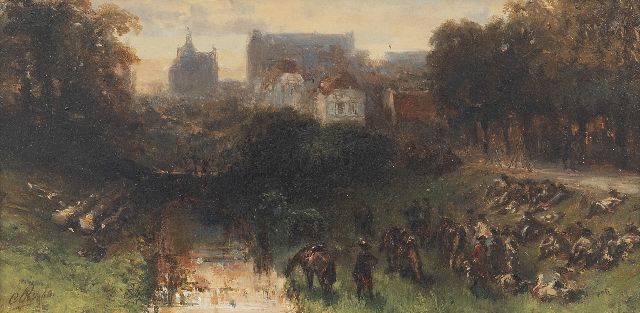 Charles Rochussen | Rustende Franse cavaleristen bij een grote stad, olieverf op paneel, 11,6 x 23,1 cm, gesigneerd l.o. met initialen en gedateerd '50