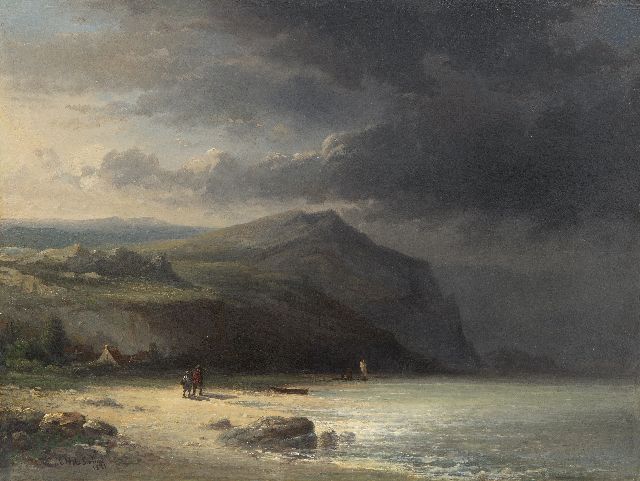 Corstiaan Hendrikus de Swart | Figuren op het strand bij naderend noodweer, olieverf op paneel, 45,3 x 59,7 cm, gesigneerd l.o. en gedateerd 1871, zonder lijst