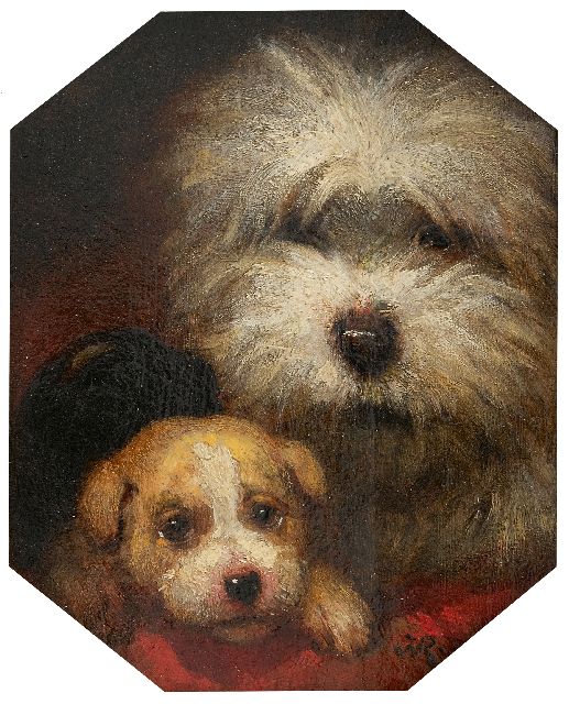 Henriette Ronner-Knip | Twee hondenkopjes, olieverf op paneel, 20,8 x 17,0 cm, gesigneerd r.o. met monogram