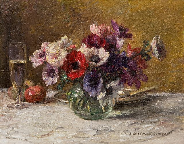 Jan Zoetelief Tromp | Anemonen met champagneglas, olieverf op doek, 40,5 x 50,5 cm, gesigneerd r.o.