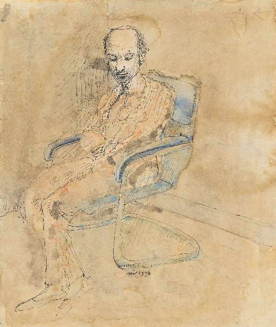 Co Westerik | Poëet in stalen stoel, pen, inkt en aquarel op papier, 20,0 x 15,0 cm, gesigneerd m.o. en gedateerd april 1973