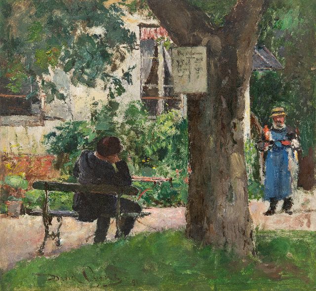David Oyens | Rustpauze bij een uitspanning in een zomers park, olieverf op paneel, 26,1 x 28,2 cm, gesigneerd l.o. en dated '91
