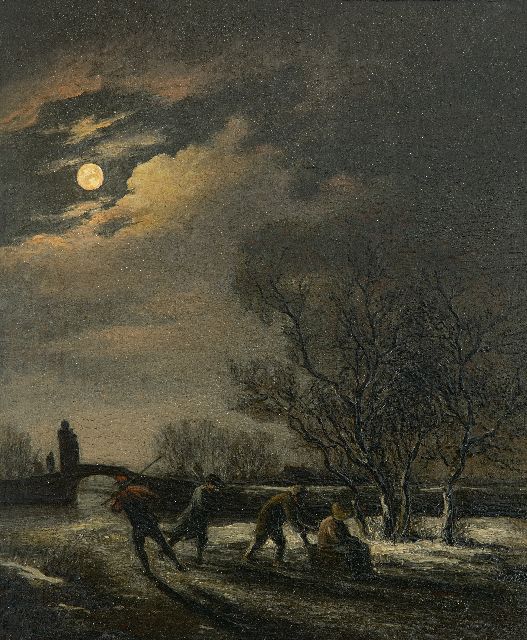 Simon Andreas Krausz | Schaatsers bij maanlicht, olieverf op paneel, 21,6 x 18,3 cm
