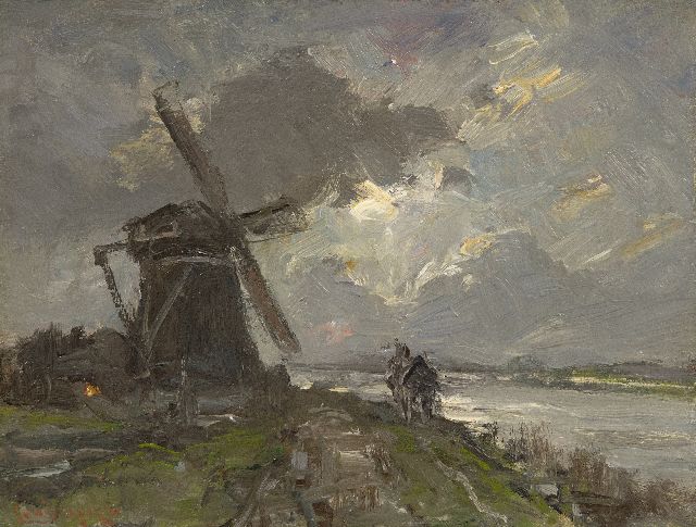 Louis Apol | Langs de vaart bij buiig weer, olieverf op schildersboard, 20,0 x 26,0 cm, gesigneerd l.o.