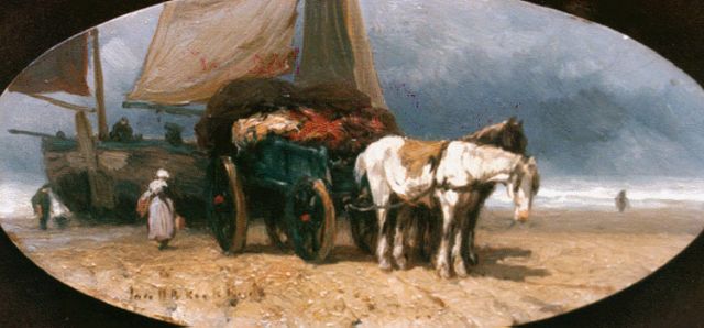 Jan H.B. Koekkoek | Uitladen van de visvangst., olieverf op paneel, ovaal, 12,0 x 24,3 cm, gesigneerd l.o.