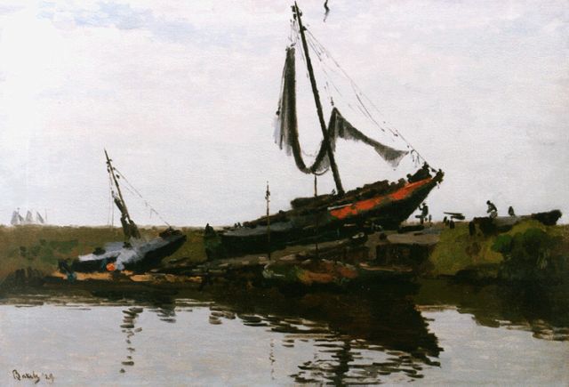 Reinier Sybrand Bakels | Botters op de helling, olieverf op doek, 43,8 x 62,2 cm, gesigneerd l.o. en gedateerd '29