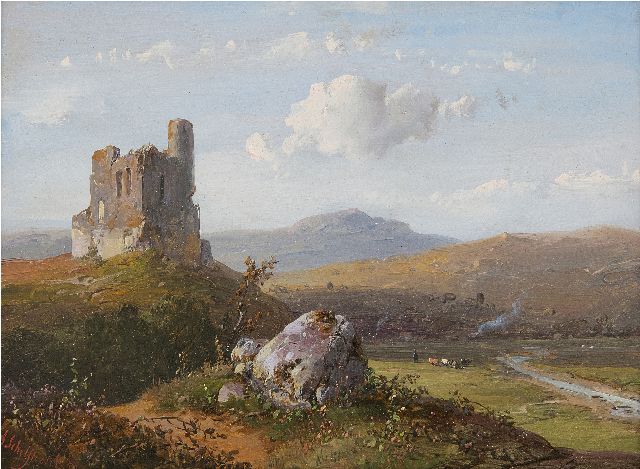 Andreas Schelfhout | Panoramisch heuvellandschap, olieverf op paneel, 14,8 x 21,1 cm, gesigneerd l.o. en gedateerd '50