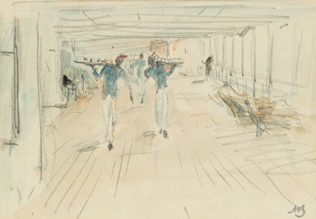 Marius Bauer | Thee op de 'Mij. Nederland' op weg naar Nederlands-Indië, 1931, potlood en aquarel op papier, 14,0 x 19,9 cm, gesigneerd r.o. met naamstempel