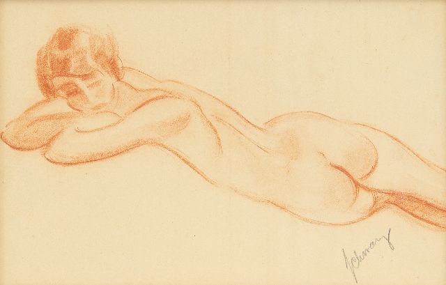 Mommie Schwarz | Liggend naakt, rood krijt op papier, 17,8 x 25,3 cm, gesigneerd r.o.