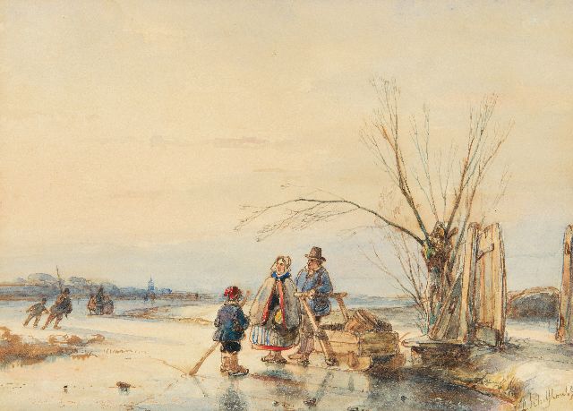 Andreas Schelfhout | Praatje op het ijs, pen, inkt en aquarel op papier, 13,3 x 18,3 cm, gesigneerd r.o.