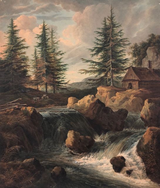 Gerard van Nijmegen | Berglandschap met waterval bij een hut, aquarel op papier op board, 75,5 x 64,5 cm