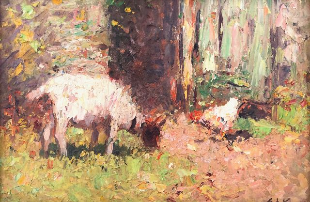 Edzard Koning | Geitje en kip in de wei bij de boerderij, olieverf op board, 13,0 x 18,0 cm, gesigneerd r.o. met initialen