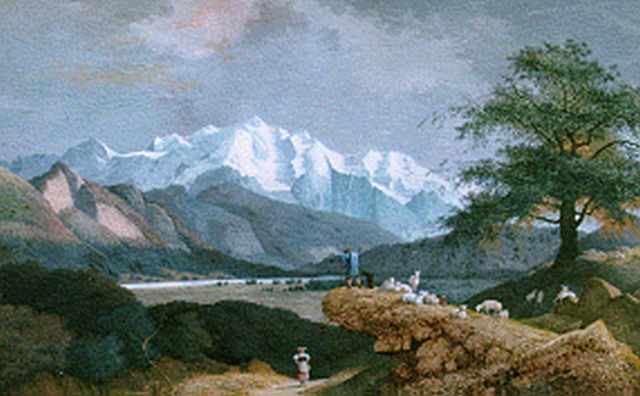 Josephus Augustus Knip | Berglandschap met kudde schapen in 't dal, gouache op papier, 63,0 x 94,5 cm