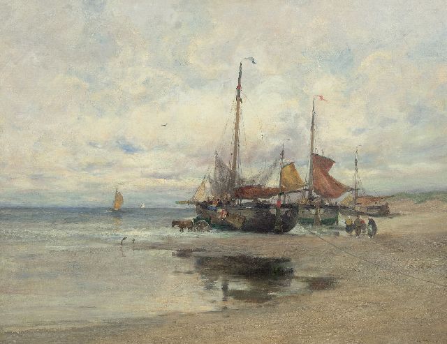 Charles Paul Gruppe | Vissersboten op het strand, olieverf op doek, 101,7 x 131,8 cm, gesigneerd r.o. en te dateren ca. 1910