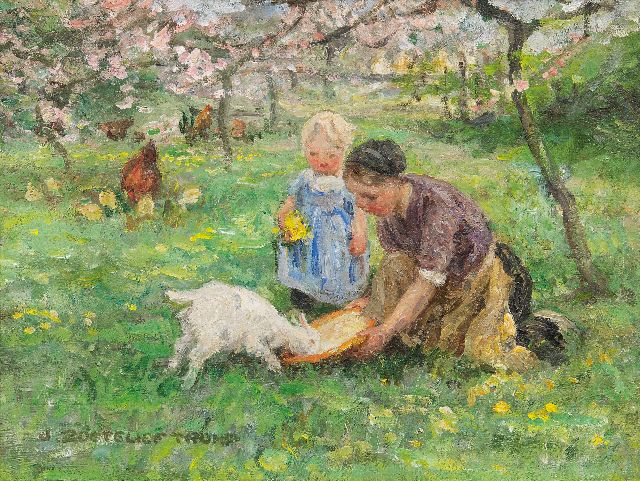 Jan Zoetelief Tromp | Samen geitje voeren, olieverf op doek, 26,7 x 34,9 cm, gesigneerd l.o. en verso
