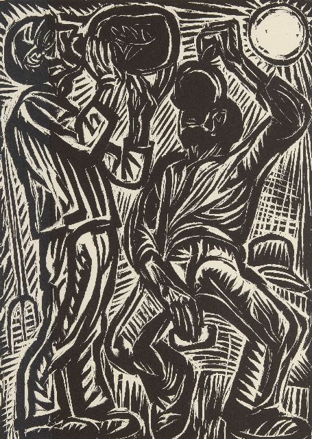 Johan Dijkstra | De drinkers (postume druk), houtsnede op papier, 49,5 x 37,0 cm