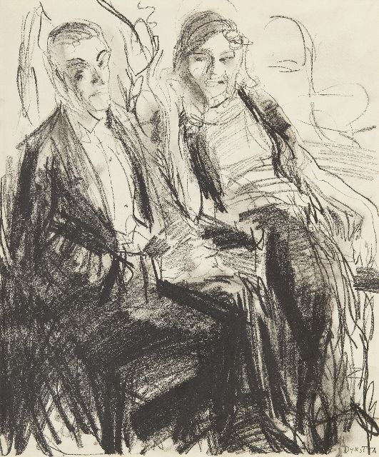Johan Dijkstra | Op het bal, zwart krijt op papier, 38,4 x 31,6 cm, gesigneerd r.o.