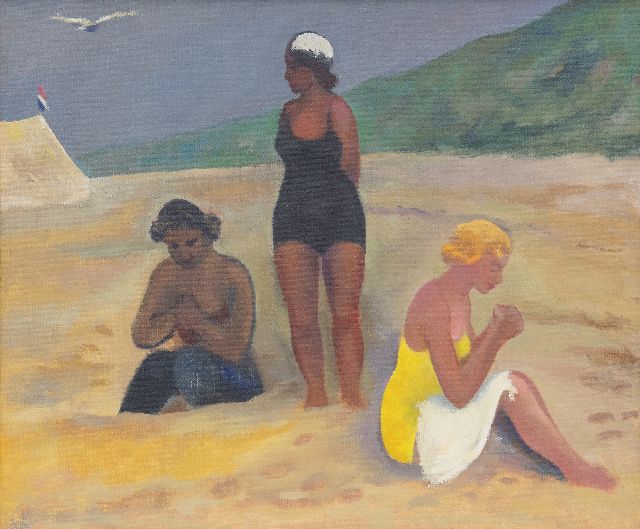 Ekke Kleima | 3 dames aan het strand, Schiermonnikoog, olieverf op doek, 50,4 x 60,5 cm, gesigneerd met initialen op spieraam en gedateerd op spieraam 1939