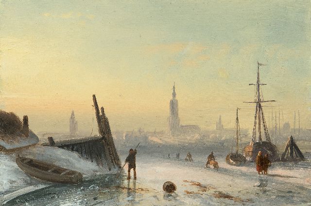 Charles Leickert | IJsgezicht met schaatsers bij een stad, olieverf op paneel, 11,7 x 17,3 cm, gesigneerd l.o. met initialen