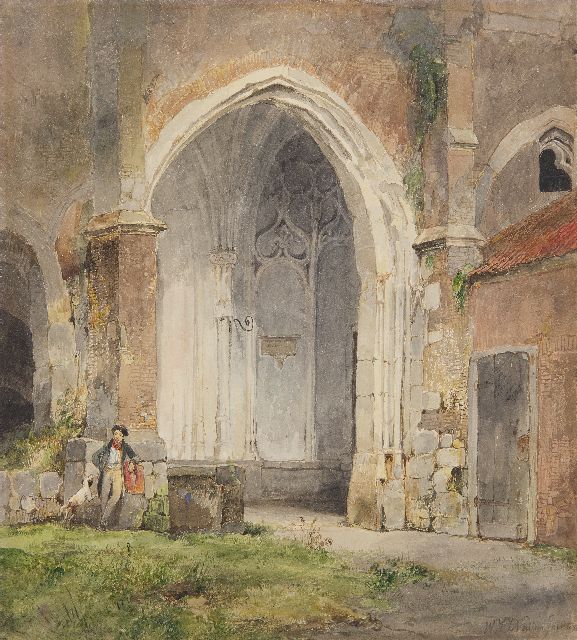 Wijnand Nuijen | Man met hond bij een kloostergang van de Dom te Utrecht, aquarel op papier, 26,5 x 23,6 cm, gesigneerd r.o. en gedateerd 1833