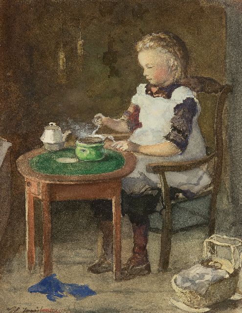 Jan Hendrik Weissenbruch | Pannenkoekjes bakken op een komfoor, aquarel op papier, 35,2 x 27,0 cm, gesigneerd l.o.