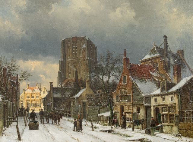 Willem Koekkoek | Fantasiegezicht op de besneeuwde Sint-Martinuskerk in Woudrichem, olieverf op doek, 55,2 x 75,3 cm, gesigneerd r.o.
