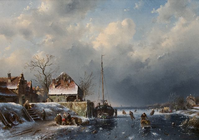 Charles Leickert | IJsgezicht met schaatsers, kooplui en een vastgevroren schip, olieverf op doek, 60,4 x 84,8 cm, gesigneerd r.o. en gedateerd '56