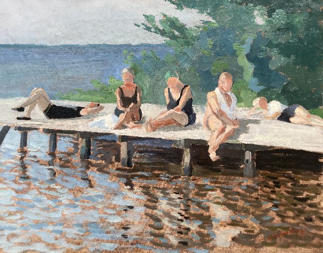 Dirk Smorenberg | Zonnebaders aan de Loosdrechtse Plassen, olieverf op doek, 38,5 x 48,8 cm, gesigneerd r.o.