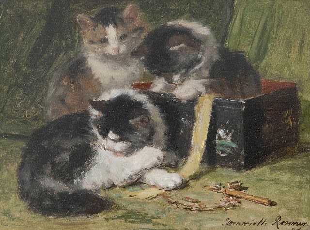 Henriette Ronner-Knip | Spelende kittens bij een naaidoos, olieverf op paneel, 25,0 x 33,5 cm, gesigneerd r.o. en gedateerd '94