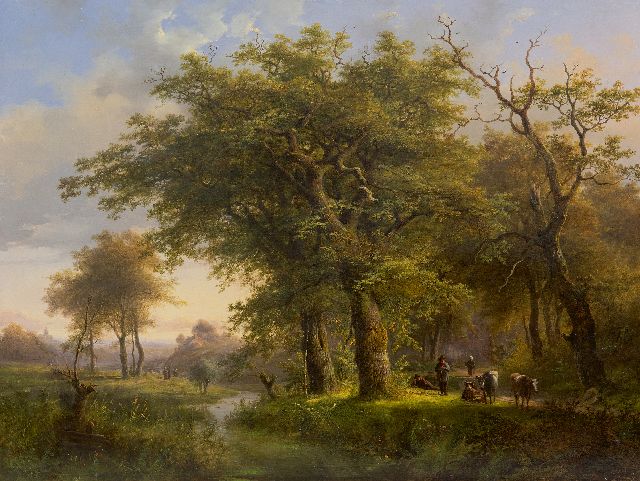 Johann Bernard Klombeck | Bebost beekdal met vee en landvolk, olieverf op paneel, 47,6 x 62,5 cm, gesigneerd l.o. en gedateerd 1857