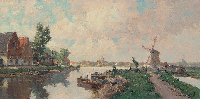 Gerard Delfgaauw | Dorpsgezicht aan een rivier, olieverf op doek, 40,4 x 80,1 cm, gesigneerd r.o. en op spieraam en zonder lijst