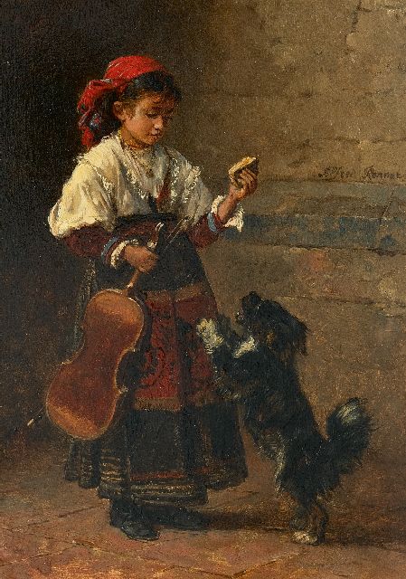 Ronner A.  | Zigeunermeisje met haar hond, olieverf op paneel 24,7 x 17,7 cm, gesigneerd r.m.