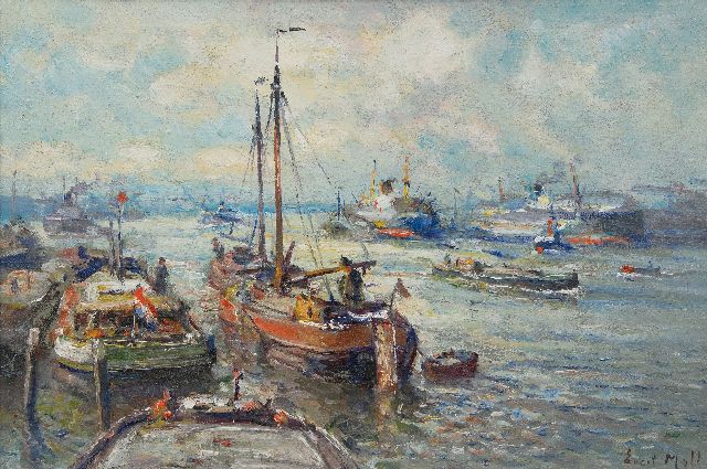 Evert Moll | Scheepvaartverkeer bij Rotterdam, olieverf op doek, 40,4 x 60,0 cm, gesigneerd r.o.