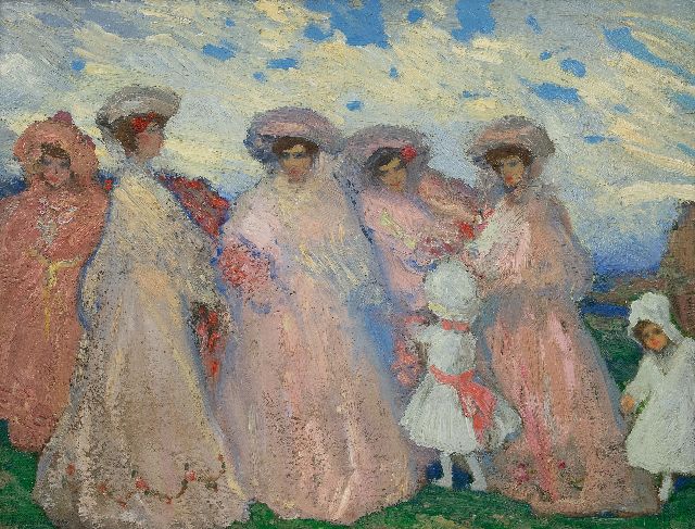Alfredo Ramos Martinez | Elegante vrouwen in een landschap, olieverf op paneel, 41,5 x 52,5 cm, gesigneerd l.o. en te dateren ca. 1905