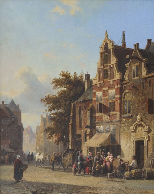 Adrianus Eversen | Stadsgezicht met orgelman, olieverf op paneel, 49,5 x 40,4 cm, gesigneerd r.o. en te dateren ca. 1848-1850