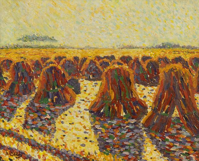 Rosalie-Anna 'Anna' Boch | Korenschoven in de zon, olieverf op paneel, 21,3 x 25,9 cm, gesigneerd l.o.
