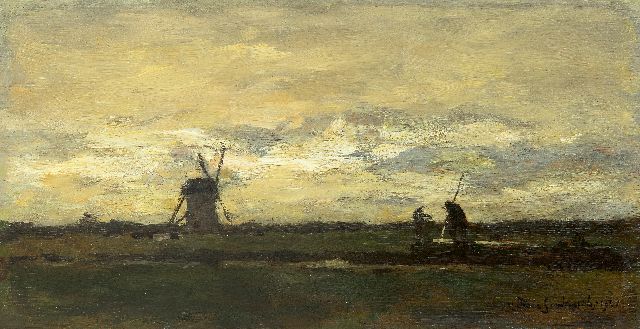 Jan Hendrik Weissenbruch | Landschap met punterende boer en molen, olieverf op paneel, 16,2 x 31,2 cm, gesigneerd r.o. en gedateerd 1901