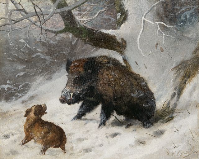 Carl Friedrich Deiker | Jachthond met wild zwijn, olieverf op doek, 40,2 x 49,8 cm, gesigneerd r.o. en gedateerd 1888