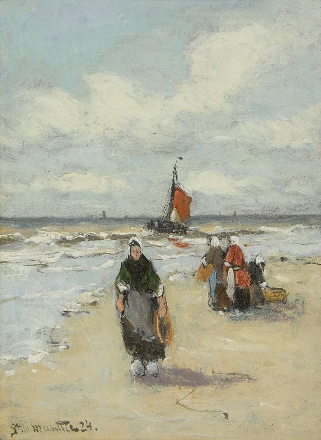Morgenstjerne Munthe | Vissersvrouwen op het strand, olieverf op board, 20,0 x 15,0 cm, gesigneerd l.o. en gedateerd '24