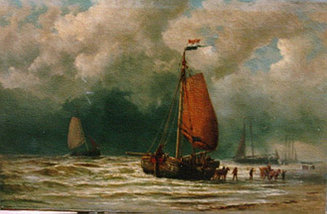 George Lourens Kiers | Uitladen van bomschuiten op het strand, olieverf op doek, 63,5 x 95,5 cm, gesigneerd l.o.