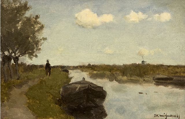 Jan Hendrik Weissenbruch | Langs het jaagpad, olieverf op doek op paneel, 21,0 x 31,0 cm, gesigneerd r.o.