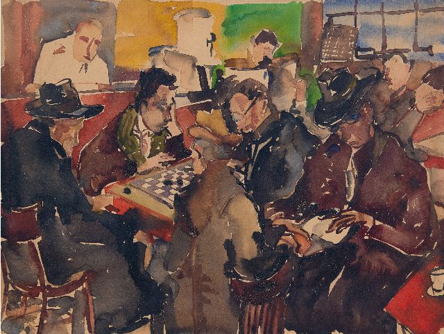 Ernest Albert | Dammen in het café, aquarel op papier, 37,3 x 49,3 cm, zonder lijst