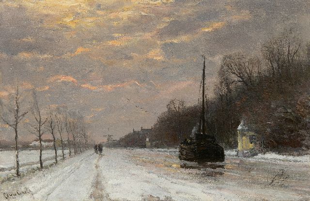 Louis Apol | Vrachtvaart op de winterse Vecht, olieverf op paneel, 27,5 x 42,1 cm, gesigneerd l.o.