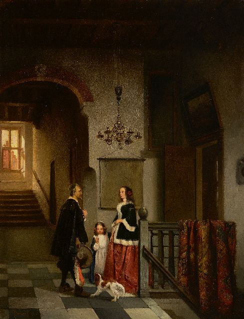 Stroebel J.A.B.  | Oudhollands binnenhuis met figuren, olieverf op paneel 49,9 x 41,0 cm, gesigneerd l.o. en gedateerd '91