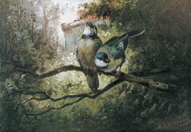 Marinus Adrianus Koekkoek II | Pimpelmeesjes, olieverf op paneel, 13,5 x 19,7 cm, gesigneerd r.o.