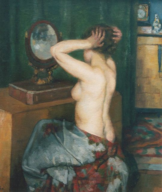 Otto  Herschel | Halfnaakte jonge vrouw voor de spiegel, olieverf op doek, 53,0 x 44,5 cm, gesigneerd l.o. en gedateerd 1935