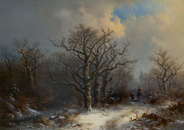 Theobald Reinhold von Oër | Landvolk op een besneeuwd bospad, olieverf op paneel, 61,2 x 84,4 cm, gesigneerd r.o.