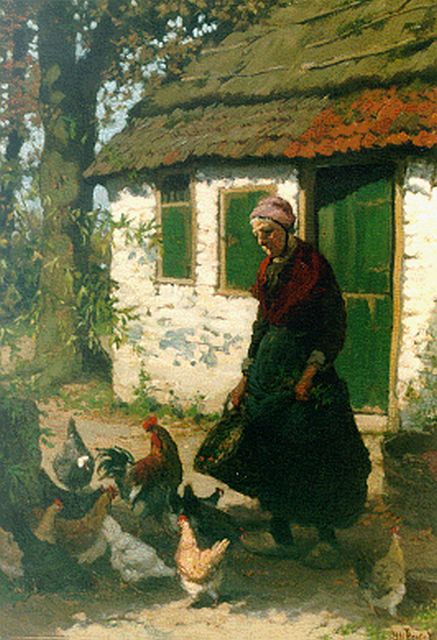 Hendrikus Matheus Horrix | Het voeren van de kippen, olieverf op doek, 54,7 x 38,7 cm, gesigneerd r.o.