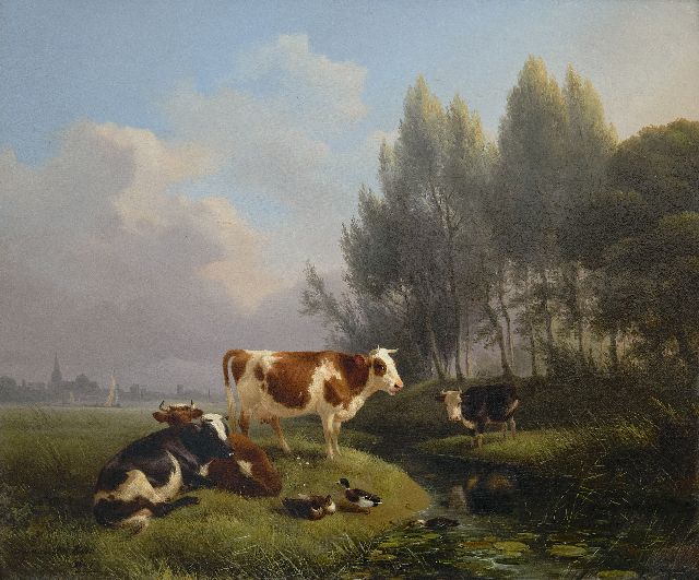 Henriette Ronner-Knip | Rustend vee in een wei, Den Bosch in de verte, olieverf op paneel, 33,0 x 39,2 cm, gesigneerd l.o. en gedateerd 1845