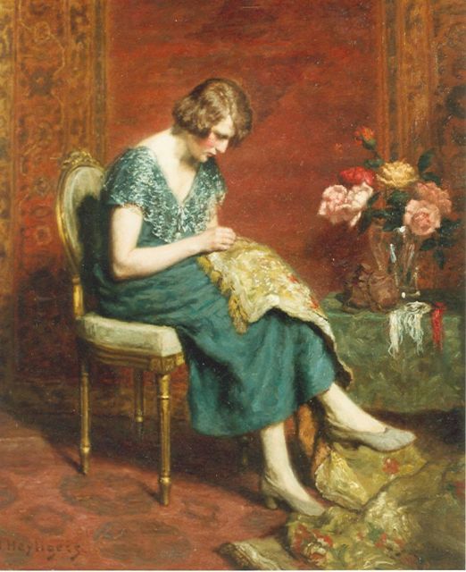 Henri Heijligers | Jonge vrouw met haar verstelwerk, olieverf op doek, 65,0 x 55,0 cm, gesigneerd l.o.